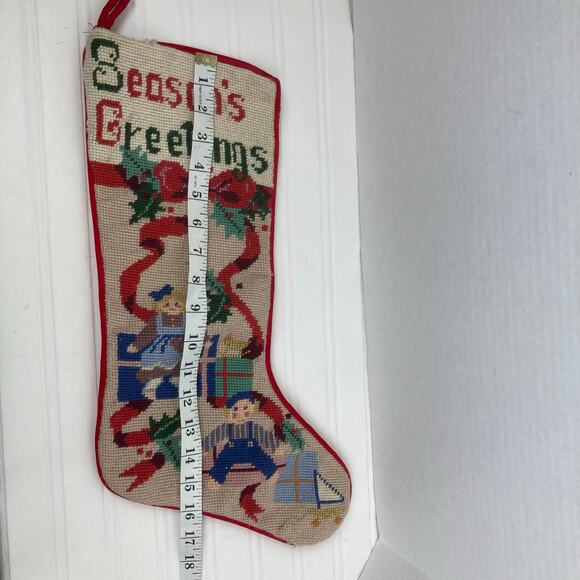 VTG Needlepoint Christmas Wool Stocking Red Velvet Backing Seasons Greetings Bow - Picture 9 of 9